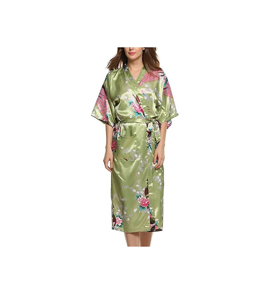 Kimono long satiné imprimé FLEURS & PAON vert olive (120cm)