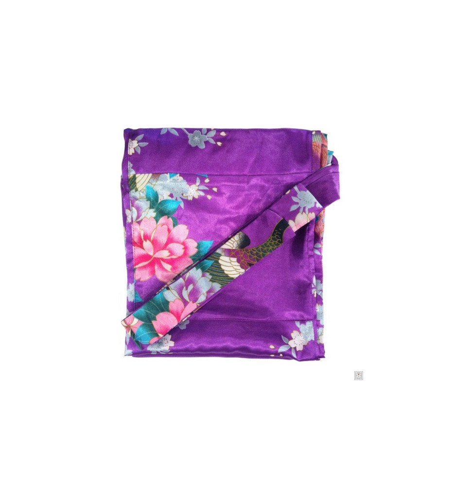 Kimono long satiné imprimé FLEURS & PAON violet (120cm)