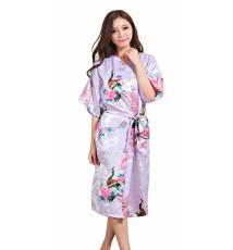 Kimono long satiné imprimé FLEURS & PAON violet clair (120cm)