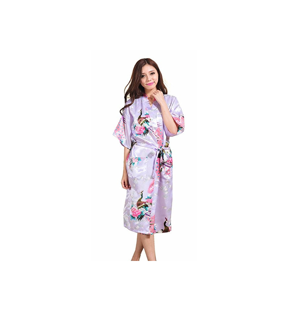 Kimono long satiné imprimé FLEURS & PAON violet clair (120cm)
