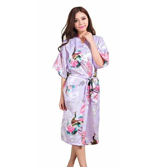 Kimono long satiné imprimé FLEURS & PAON violet clair (120cm)
