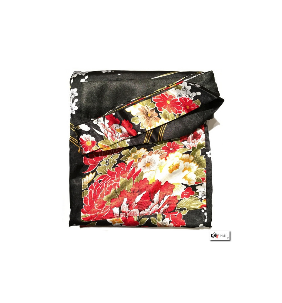 Kimono long satiné imprimé GRANdES FLEURS noir (120cm)