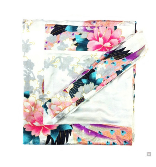 Kimono long satiné réversible imprimé FLEURS & PAON blanc (120cm)
