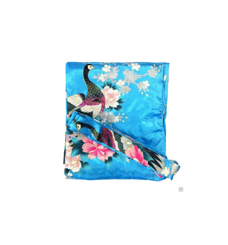 Kimono long satiné réversible imprimé FLEURS & PAON bleu turquoise (120cm)
