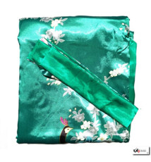 Kimono long satiné réversible imprimé FLEURS & PAON vert (120cm)