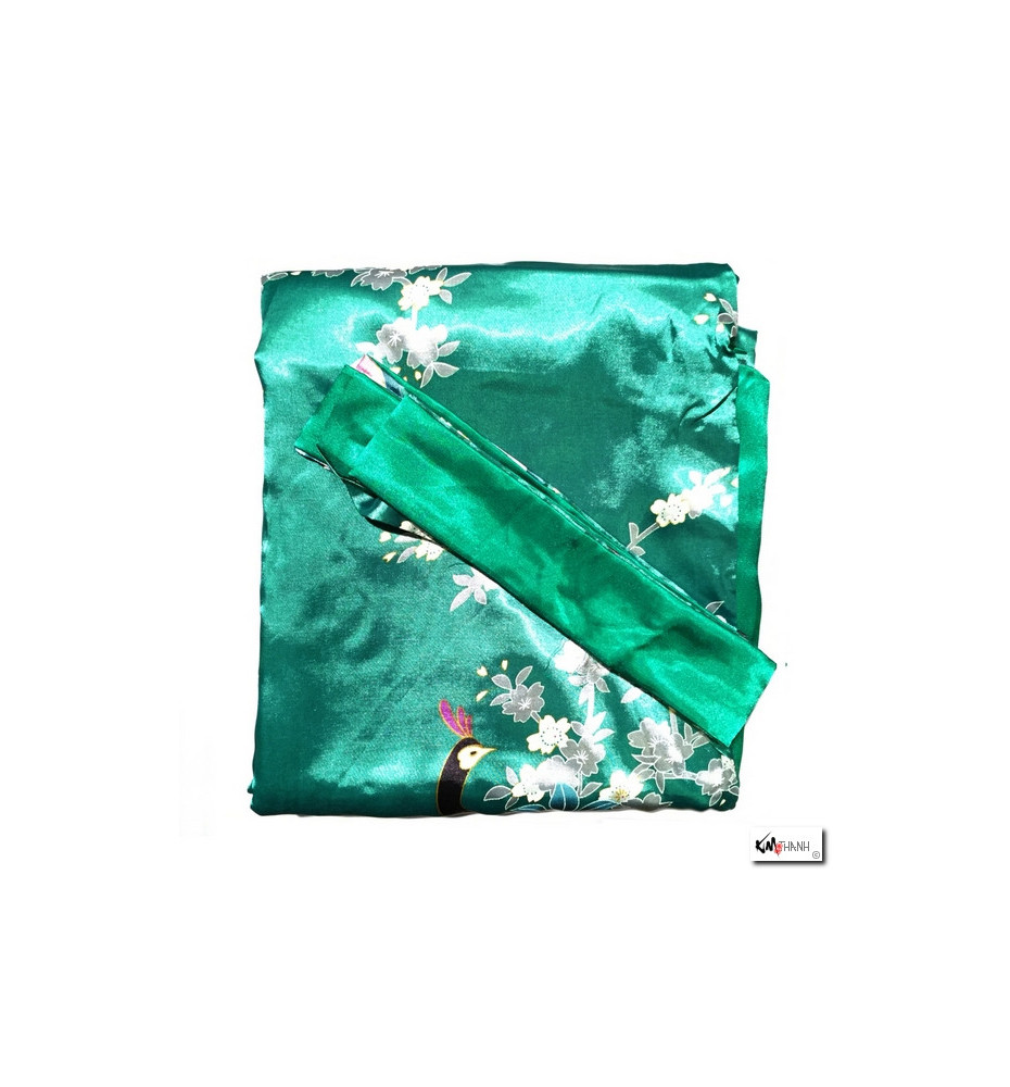 Kimono long satiné réversible imprimé FLEURS & PAON vert (120cm)