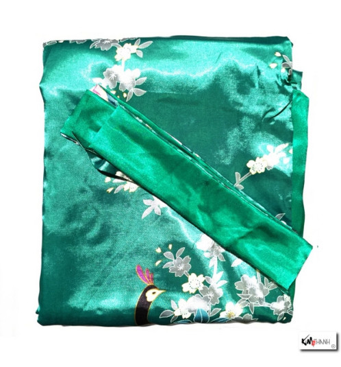 Kimono long satiné réversible imprimé FLEURS & PAON vert (120cm)