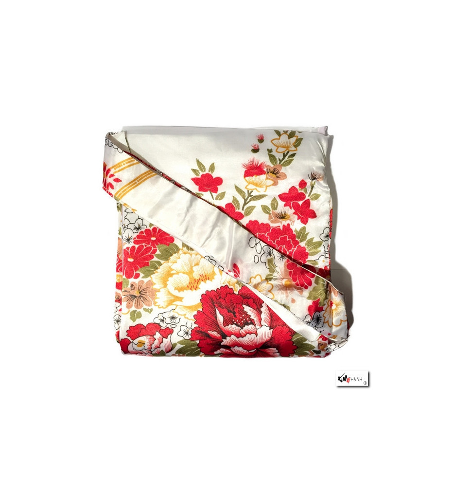 Kimono long satiné réversible imprimé GRANdES FLEURS blanc (120cm)