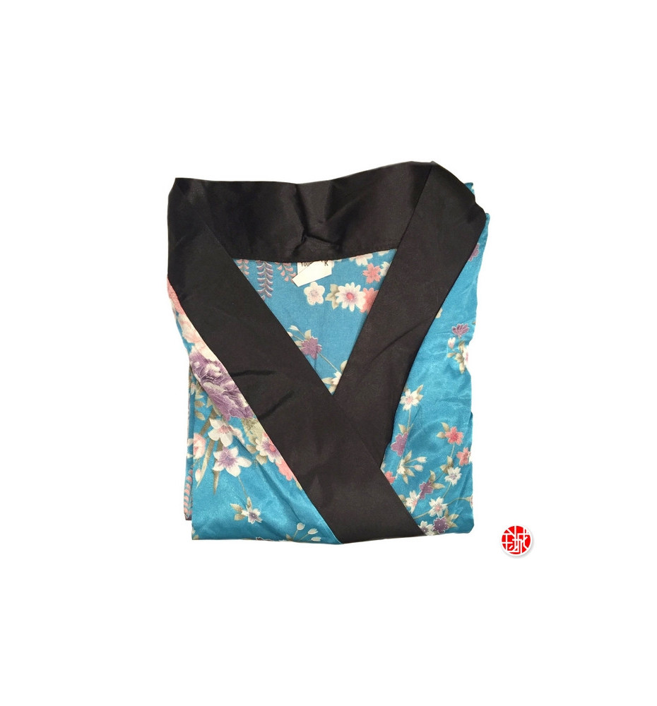 Kimono OBi court satiné col noir imprimé FLEURS bleu turquoise (90cm)