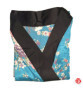 Kimono OBi court satiné col noir imprimé FLEURS bleu turquoise (90cm)