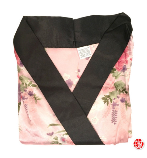 Kimono OBi court satiné col noir imprimé FLEURS rose clair (90cm)