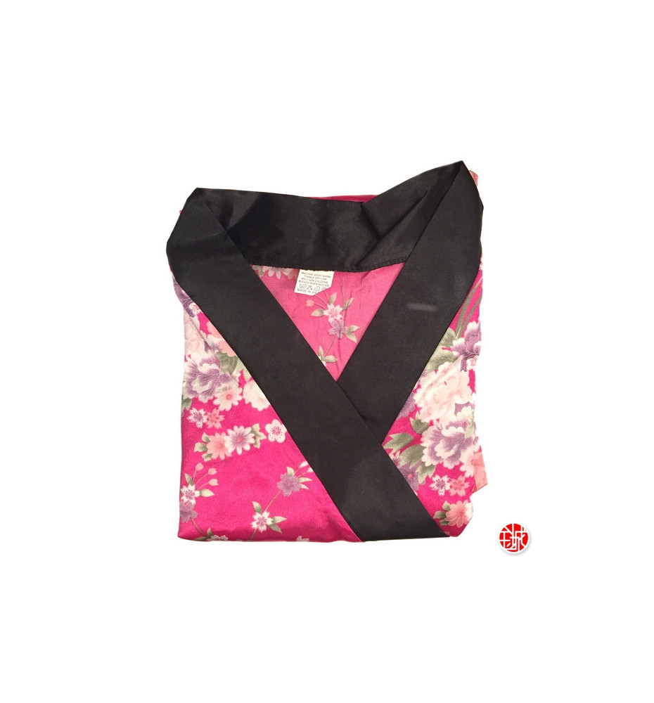 Kimono OBi court satiné col noir imprimé FLEURS rose fushia (90cm)