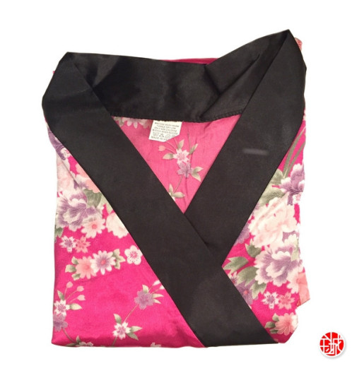 Kimono OBi court satiné col noir imprimé FLEURS rose fushia (90cm)