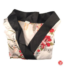 Kimono OBi court satiné col noir imprimé GRANdES FLEURS blanc (90cm)