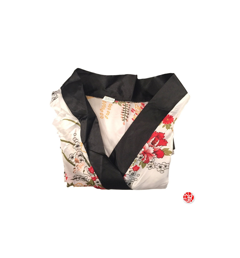 Kimono OBi court satiné col noir imprimé GRANdES FLEURS blanc (90cm)