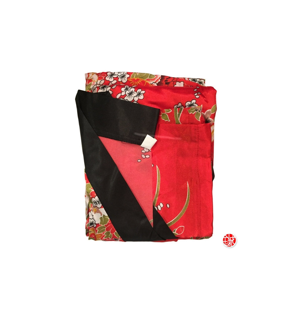 Kimono OBi court satiné col noir imprimé GRANdES FLEURS rouge (90cm)