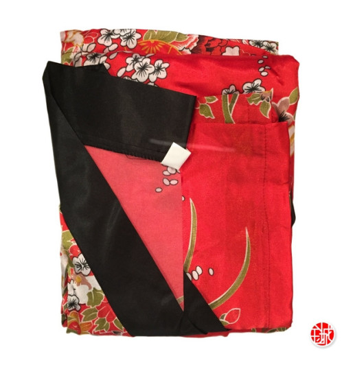 Kimono OBi court satiné col noir imprimé GRANdES FLEURS rouge (90cm)