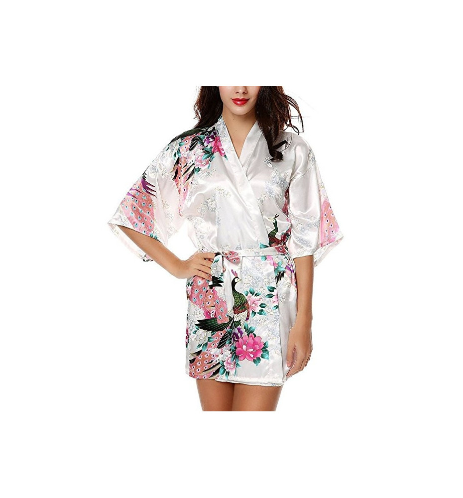 Kimono OBi court satiné imprimé FLEURS & PAON blanc (90cm)