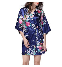Kimono OBi court satiné imprimé FLEURS & PAON bleu-nuit (90cm)