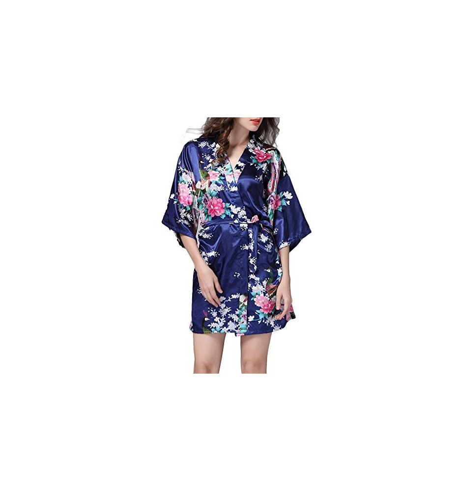Kimono OBi court satiné imprimé FLEURS & PAON bleu-nuit (90cm)