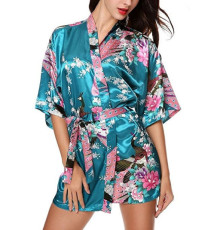 Kimono OBi court satiné imprimé FLEURS & PAON bleu-vert (90cm)