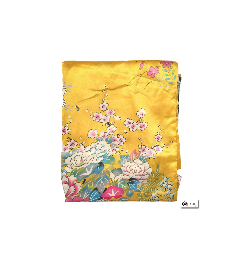 Kimono OBi court satiné imprimé FLEURS & PAON jaune orangé (90cm)