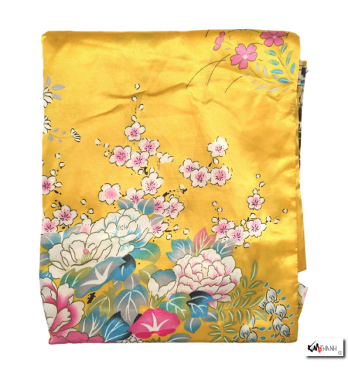 Kimono OBi court satiné imprimé FLEURS & PAON jaune orangé (90cm)