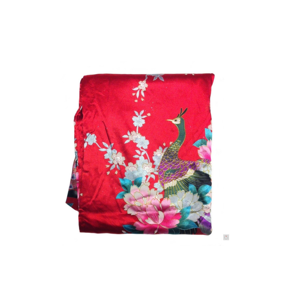 Kimono OBi court satiné imprimé FLEURS & PAON rouge (90cm)