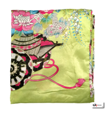 Kimono OBi court satiné imprimé FLEURS & PAON vert anis (90cm)