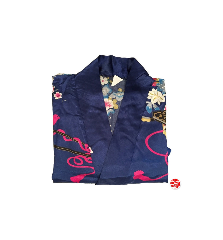 Kimono OBi court satiné imprimé GRANdES FLEURS bleu roi (90cm)