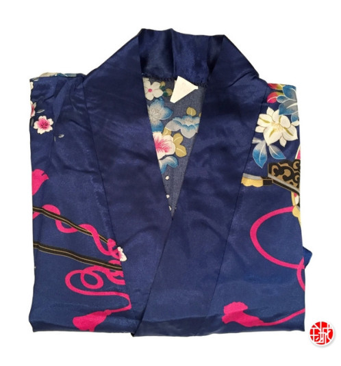 Kimono OBi court satiné imprimé GRANdES FLEURS bleu roi (90cm)