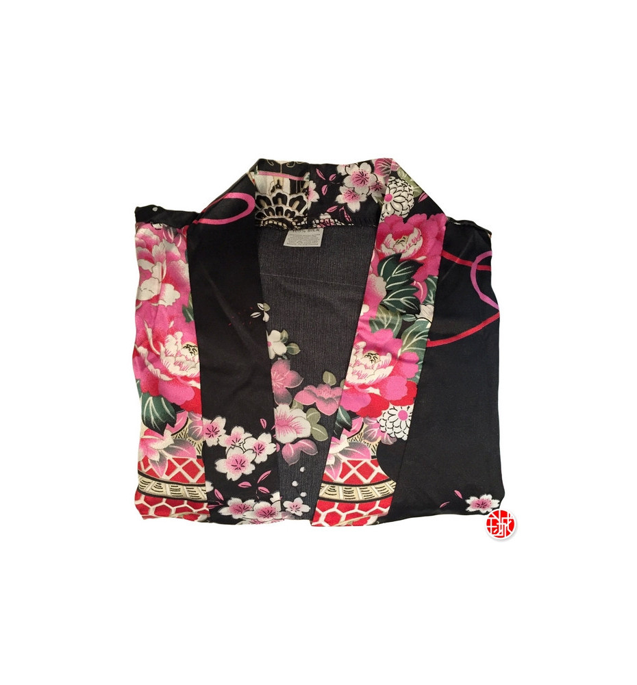 Kimono OBi court satiné imprimé GRANdES FLEURS noir (90cm)