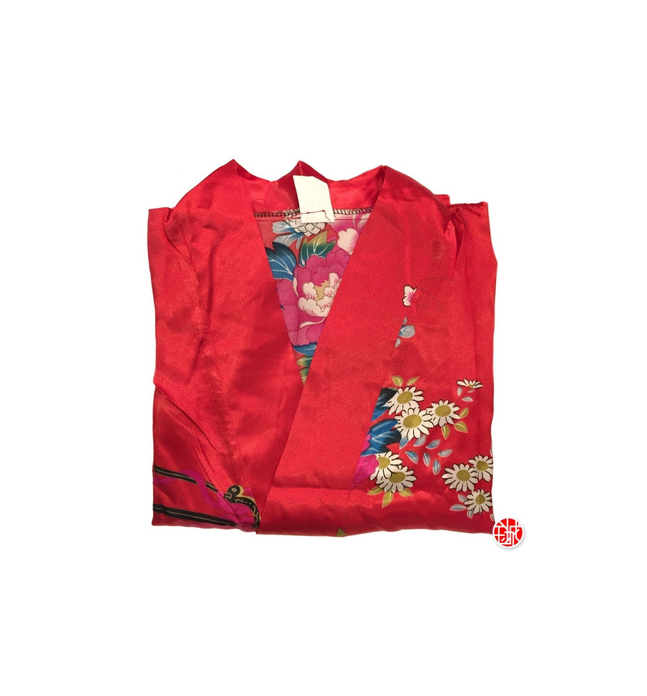 Kimono OBi court satiné imprimé GRANdES FLEURS rouge (90cm)