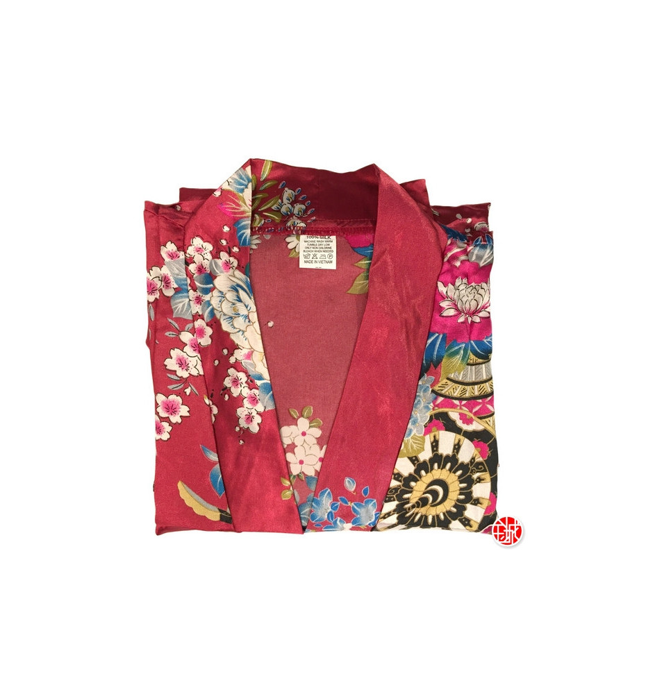 Kimono OBi court satiné imprimé GRANdES FLEURS rouge foncé (90cm)