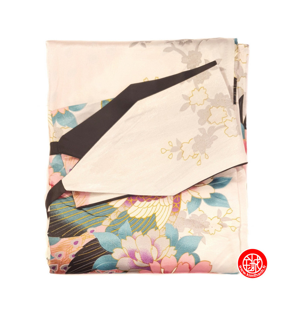 Kimono OBi long satiné imprimé FLEURS & PAON blanc (120cm)