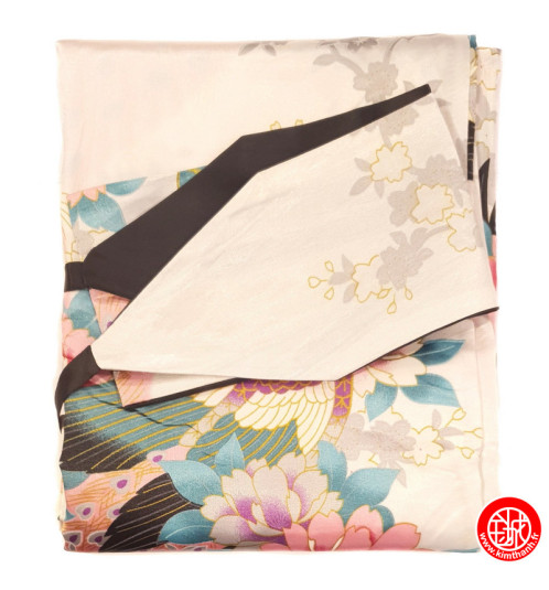 Kimono OBi long satiné imprimé FLEURS & PAON blanc (120cm)