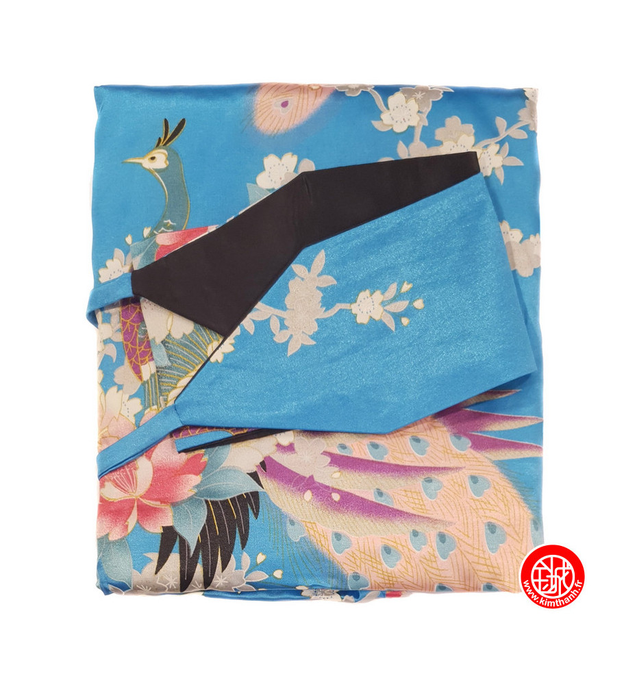 Kimono OBi long satiné imprimé FLEURS & PAON bleu turquoise (120cm)