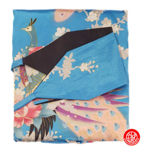 Kimono OBi long satiné imprimé FLEURS & PAON bleu turquoise (120cm)