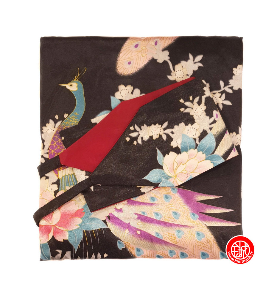 Kimono OBi long satiné imprimé FLEURS & PAON noir (120cm)