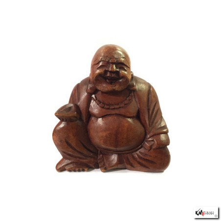 Bouddha Hotei assis (?? Prospérité et Richesse) en bois de suar (h17cm)