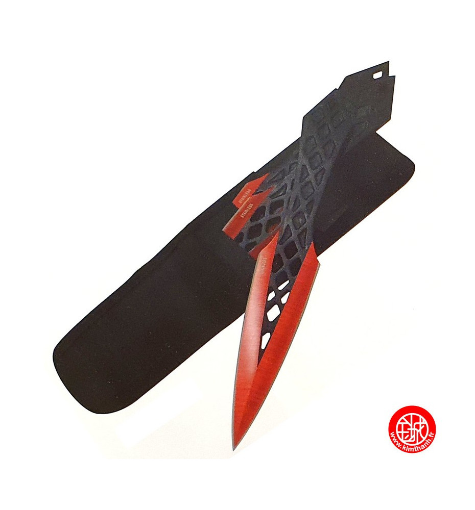 Set 3 Kunai ajourés noirs et rouge en acier inox  avec étui en cordura noir