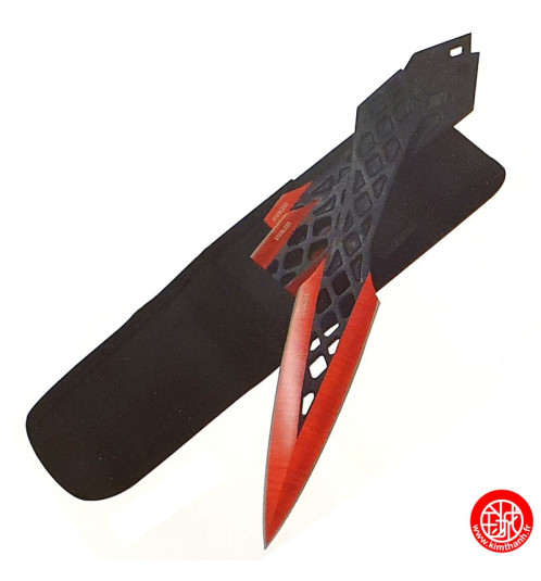 Set 3 Kunai ajourés noirs et rouge en acier inox  avec étui en cordura noir