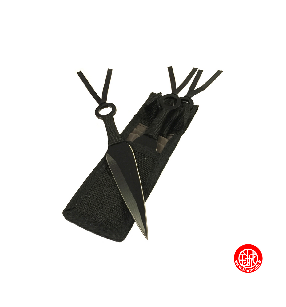 Set 3 Kunai noirs en acier inox tressages noirs avec étui en cordura noir