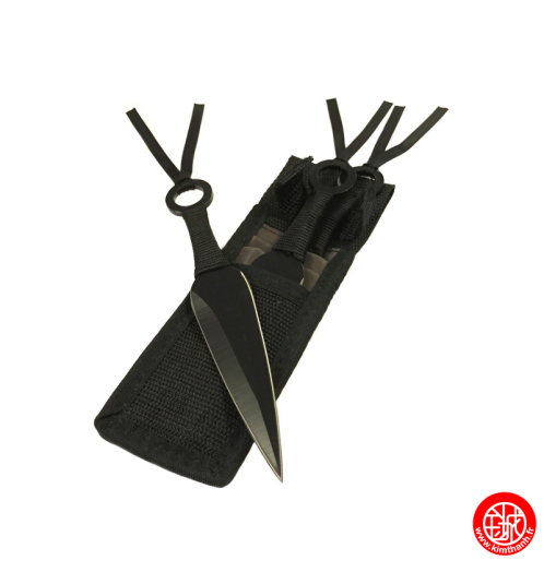 Set 3 Kunai noirs en acier inox tressages noirs avec étui en cordura noir