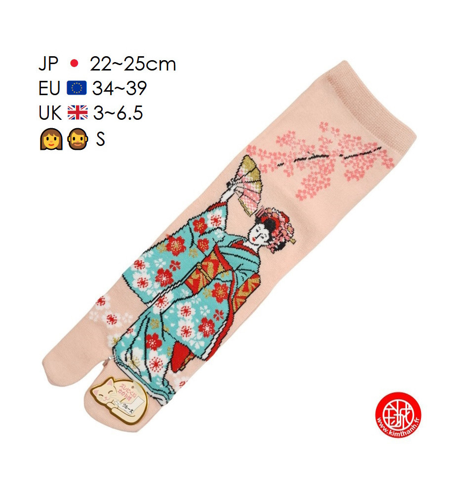 Tabi Socks (S) Chaussettes à orteil japonaises GEiShA EVENTAiL roses (Taille extensible de 34 à 39)