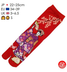 Tabi Socks (S) Chaussettes à orteil japonaises GEiShA EVENTAiL rouges (Taille extensible de 34 à 39)