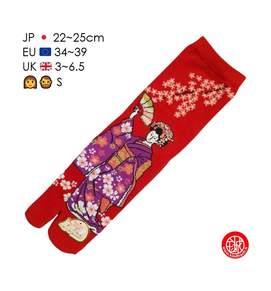 Tabi Socks (S) Chaussettes à orteil japonaises GEiShA EVENTAiL rouges (Taille extensible de 34 à 39)
