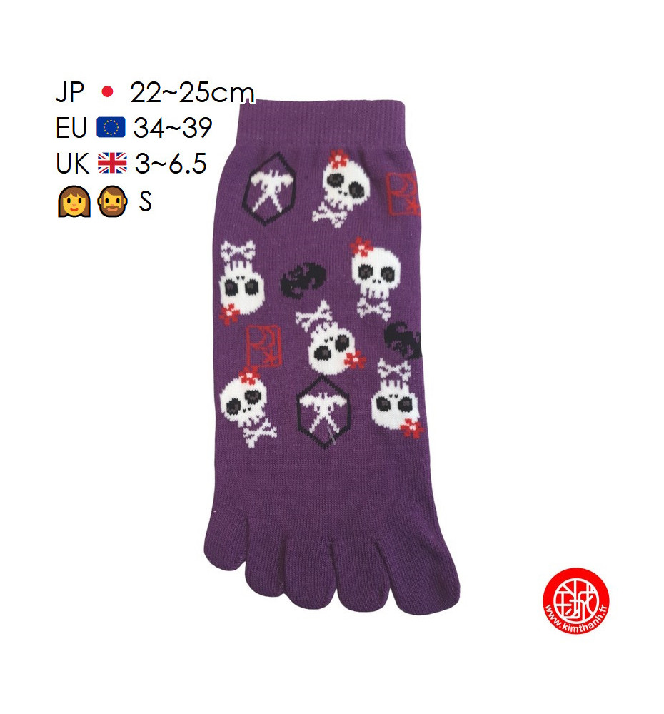 Socquettes à 5 doigts japonaises S CRâNES KAWAii violettes (extensible t34 à t39) h22cm