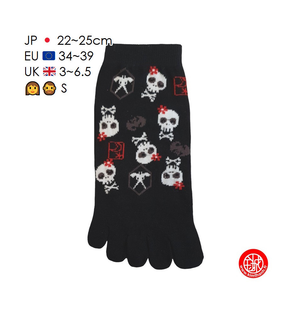 Socquettes à 5 doigts japonaises S CRâNES KAWAii noires (extensible t34 à t39) h22cm