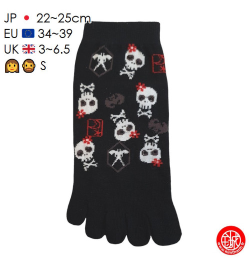 Socquettes à 5 doigts japonaises S CRâNES KAWAii noires (extensible t34 à t39) h22cm